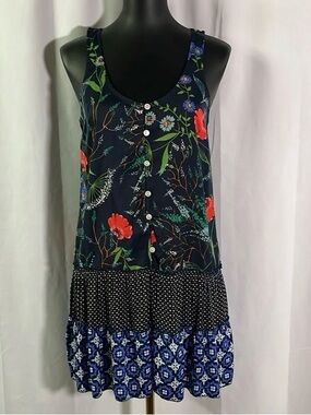 Aerie Mixed Print Tiered Sleeveless Dress in a blue floral boho design